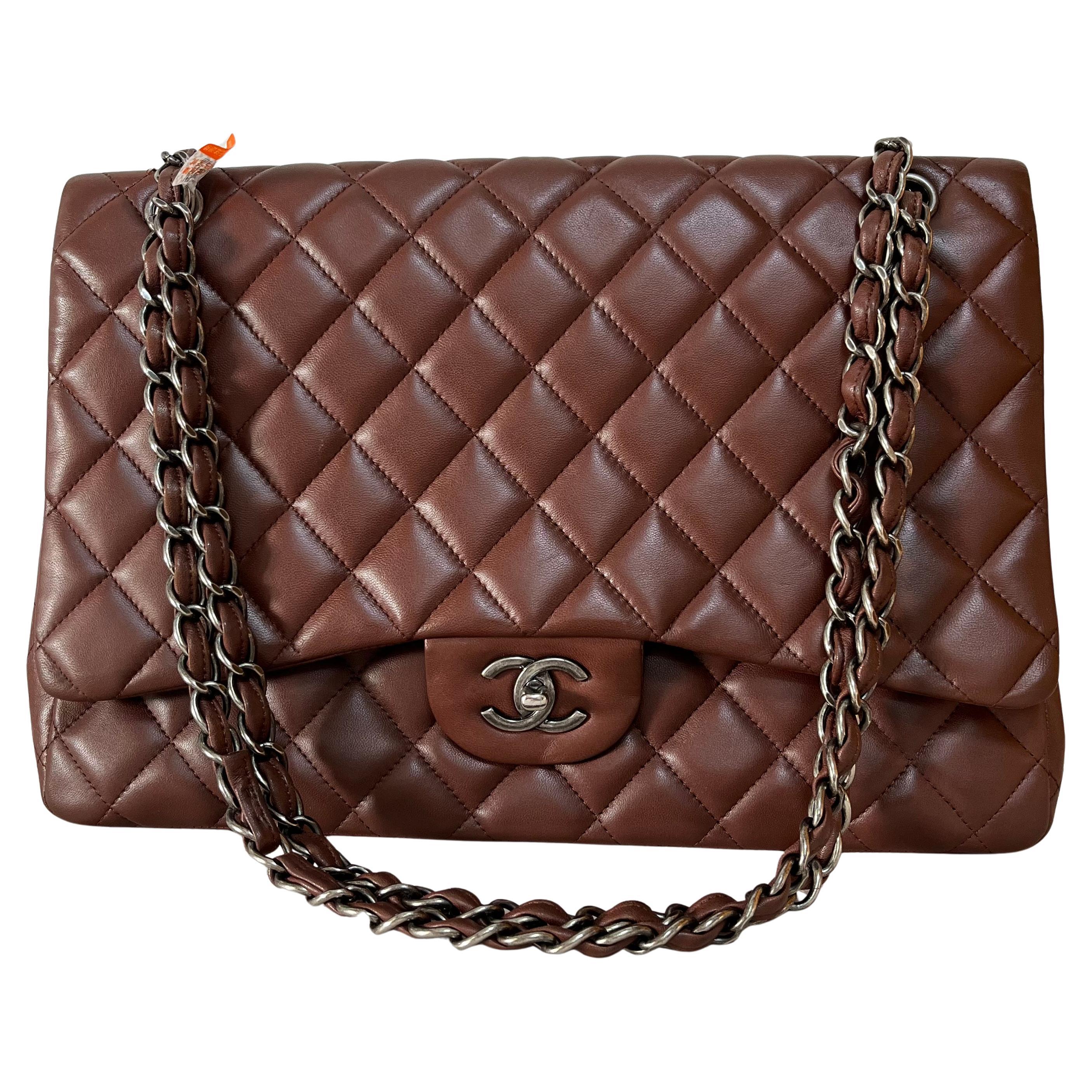 Chanel Classic Flap Maxi Chocolate Brown Lambskin Leather Single Flap Silver
