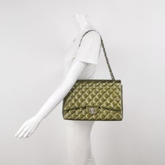 Chanel Classic Flap Maxi Metallic Green Patent Leather Double Flap Sliver HW
