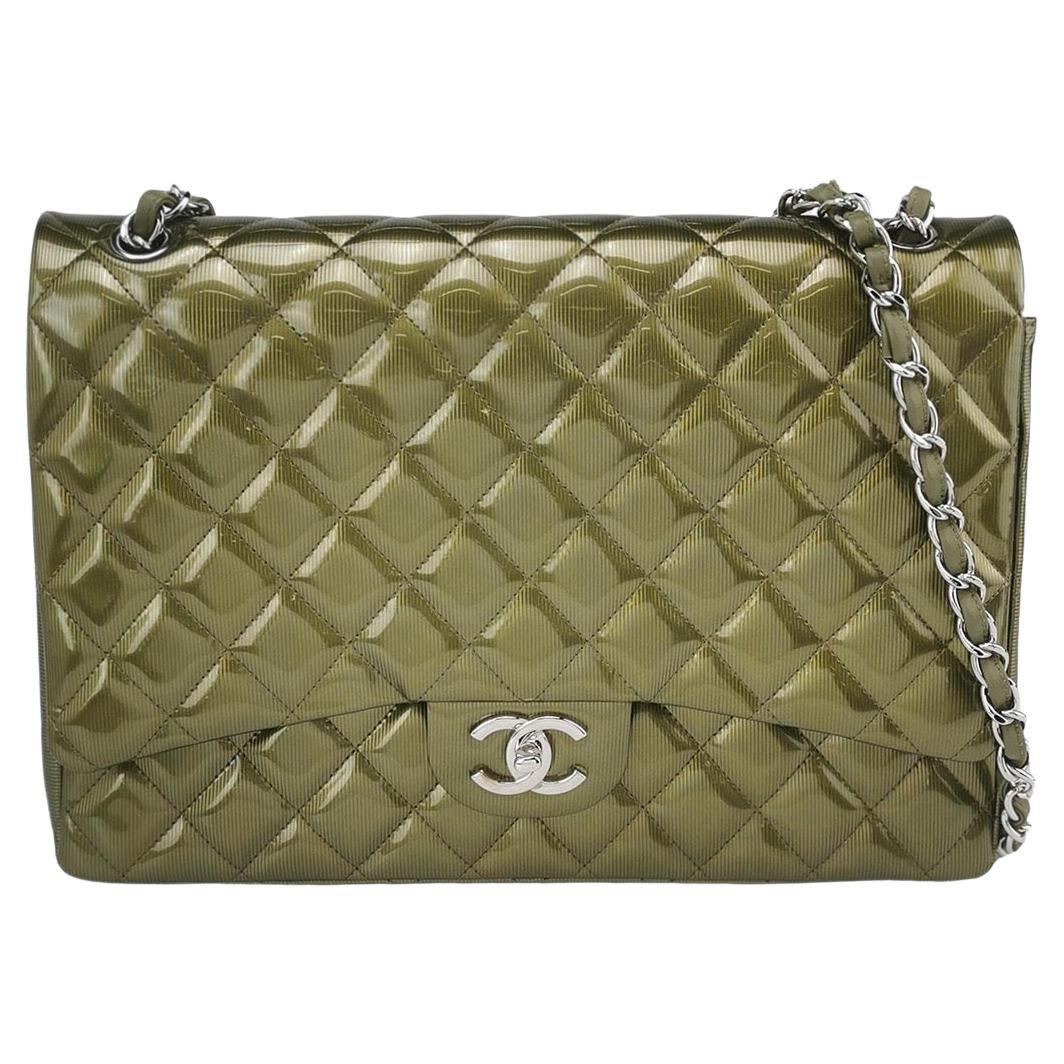 Chanel Classic Flap Maxi Metallic Green Patent Leather Double Flap Sliver HW