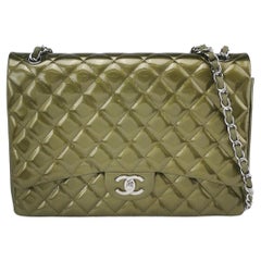 Chanel Classic Flap Maxi Metallic Green Patent Leather Double Flap Sliver HW