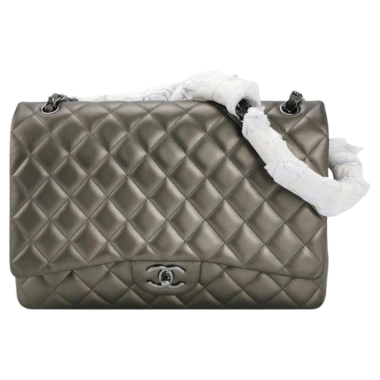 Chanel Classic Flap Maxi Metallic Lambskin Leather Double Flap Sliver Hardware