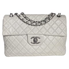 Chanel Classic Flap Maxi White Caviar Leather Silver-tone Hardware Giant CC Logo