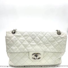 Chanel Classic Flap Maxi White Caviar Leather Silver-tone Hardware Giant CC Logo