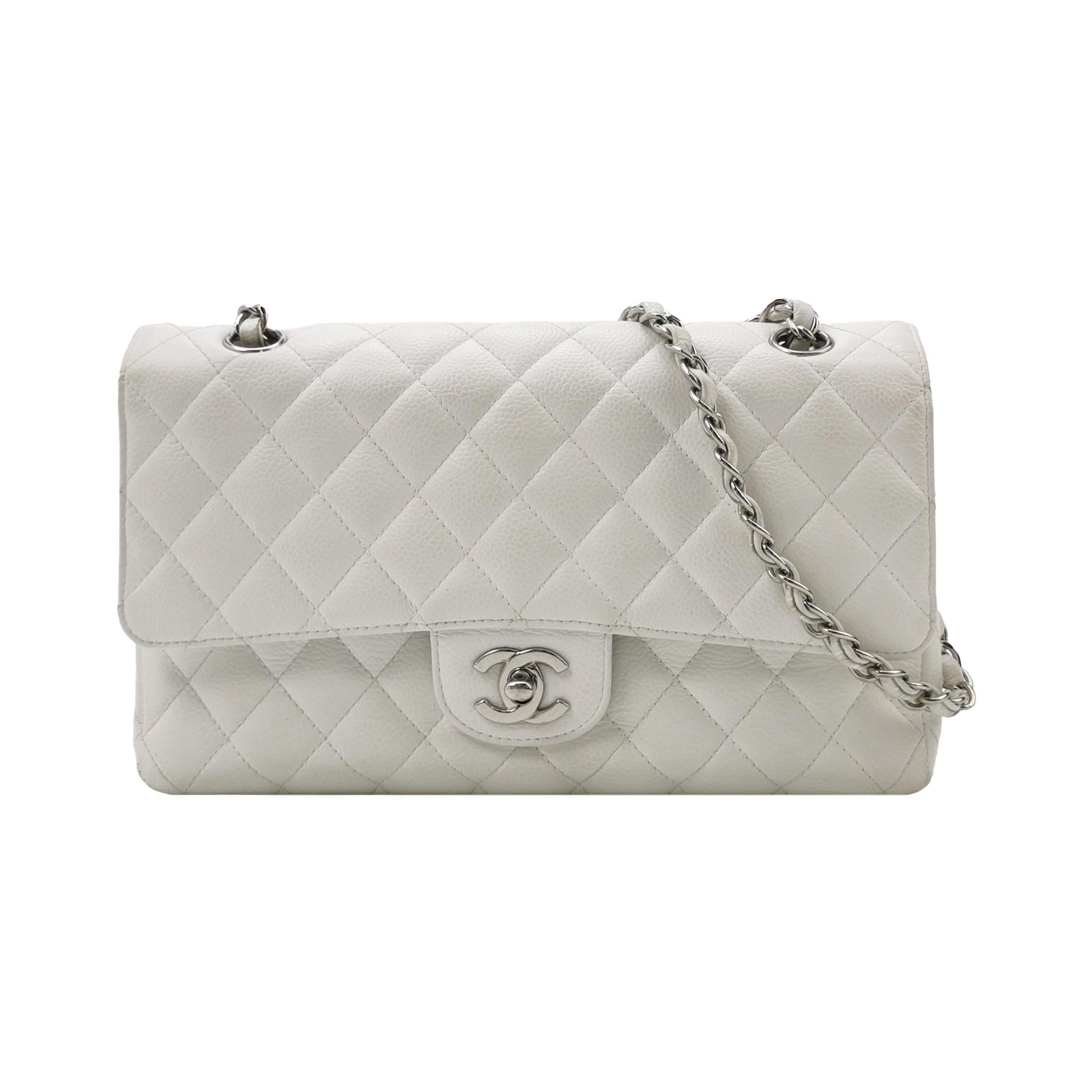 Chanel Classic Flap Medium 2008 White Caviar Leather Silver Hardware