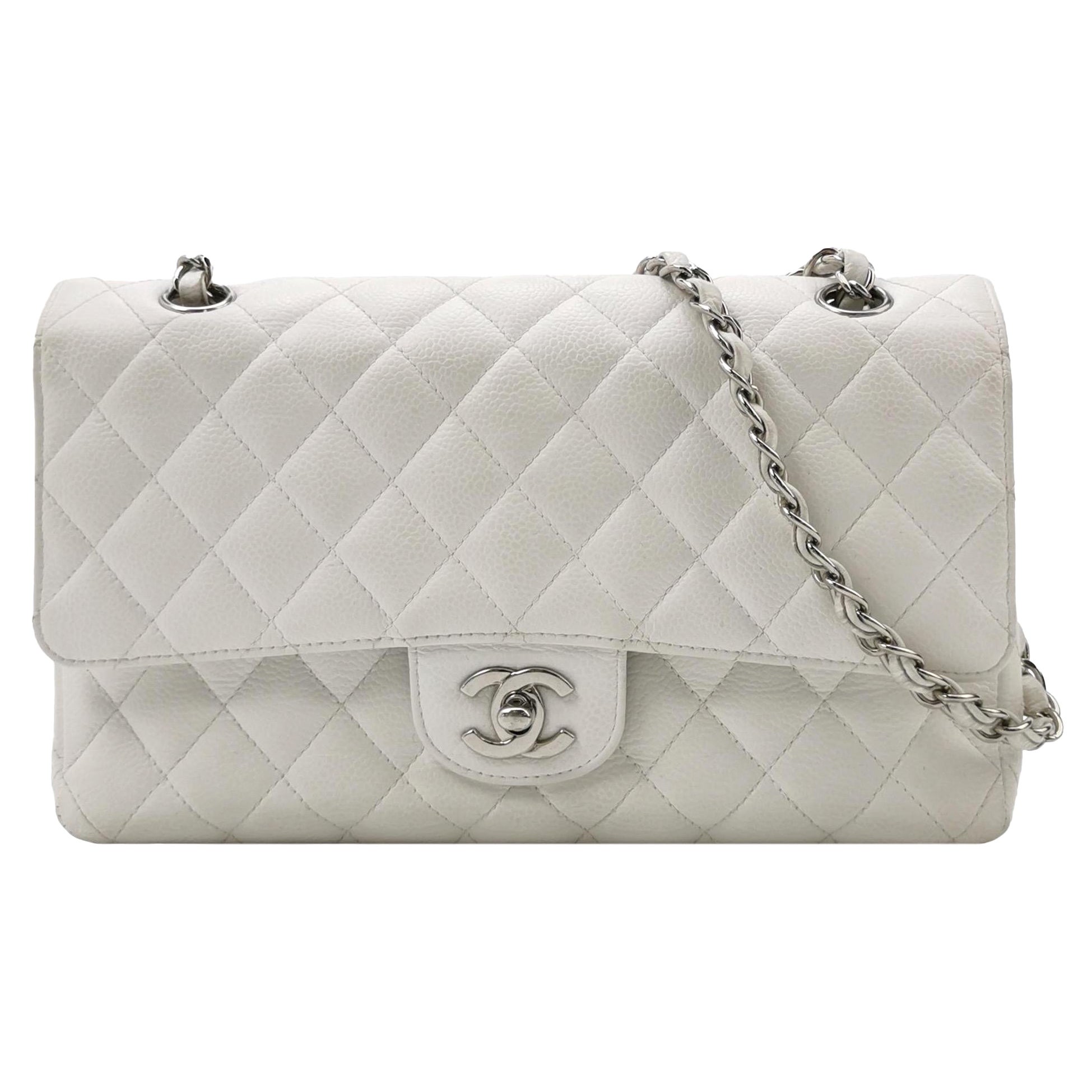 Chanel Classic Flap Medium 2008 White Caviar Leather Silver Hardware
