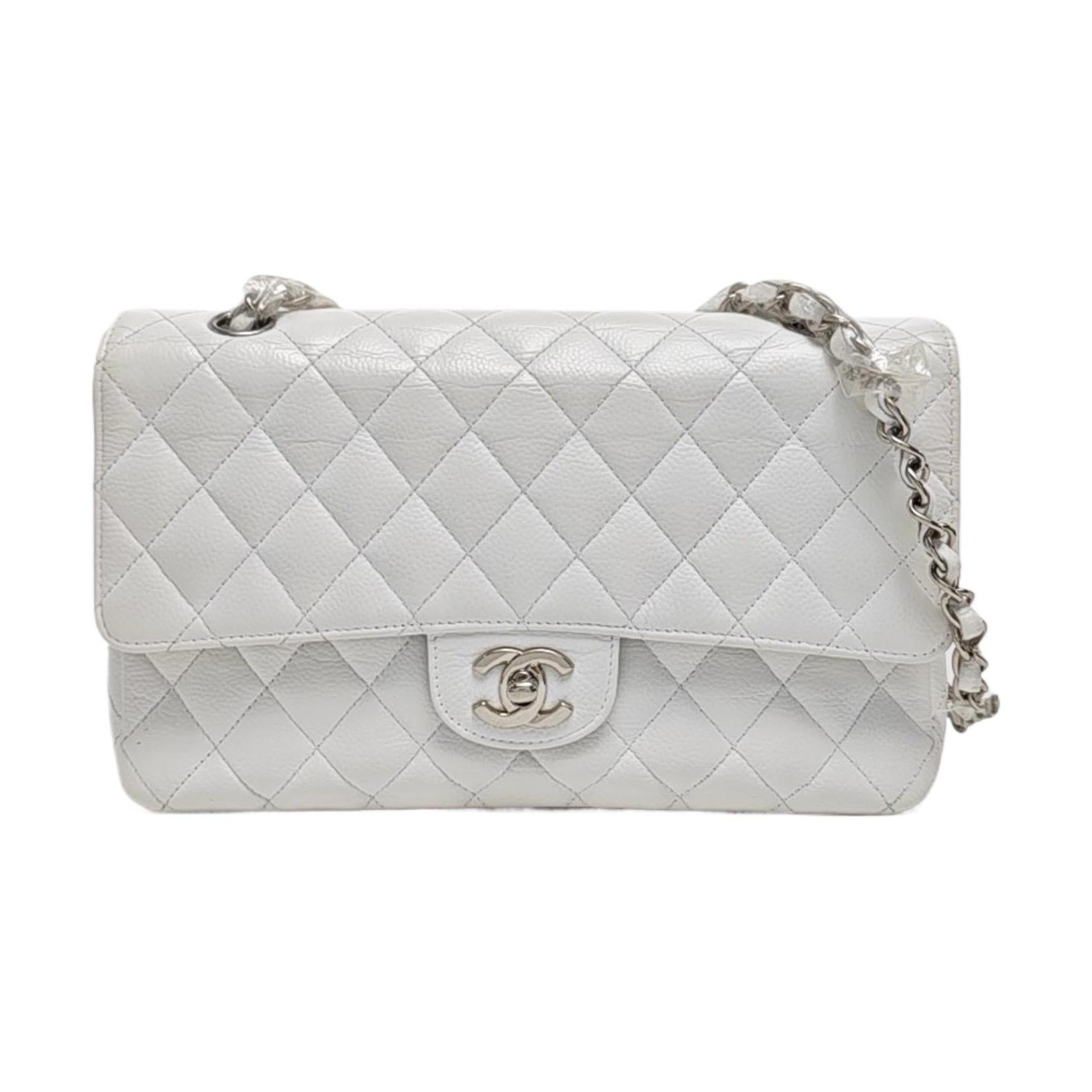 Chanel Classic Flap Medium 2008 White Caviar Leather Silver Hardware For Sale
