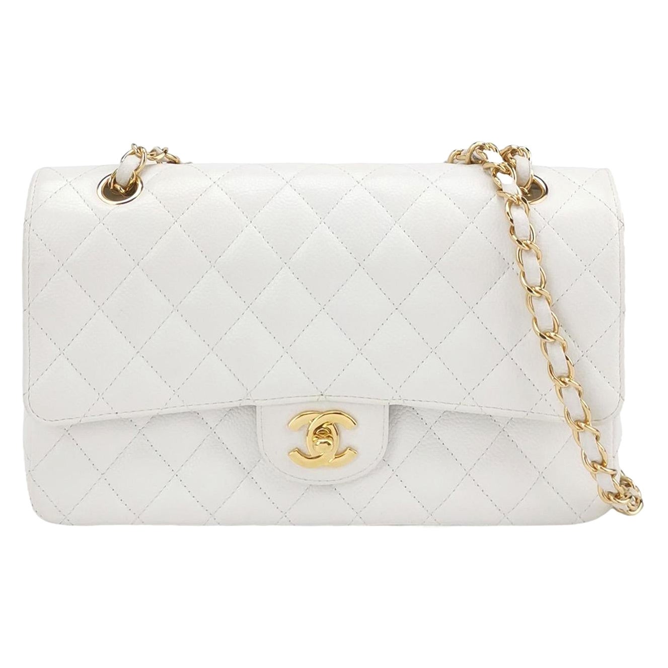 Chanel Classic Flap Medium 2010 White Caviar Leather Gold Hardware