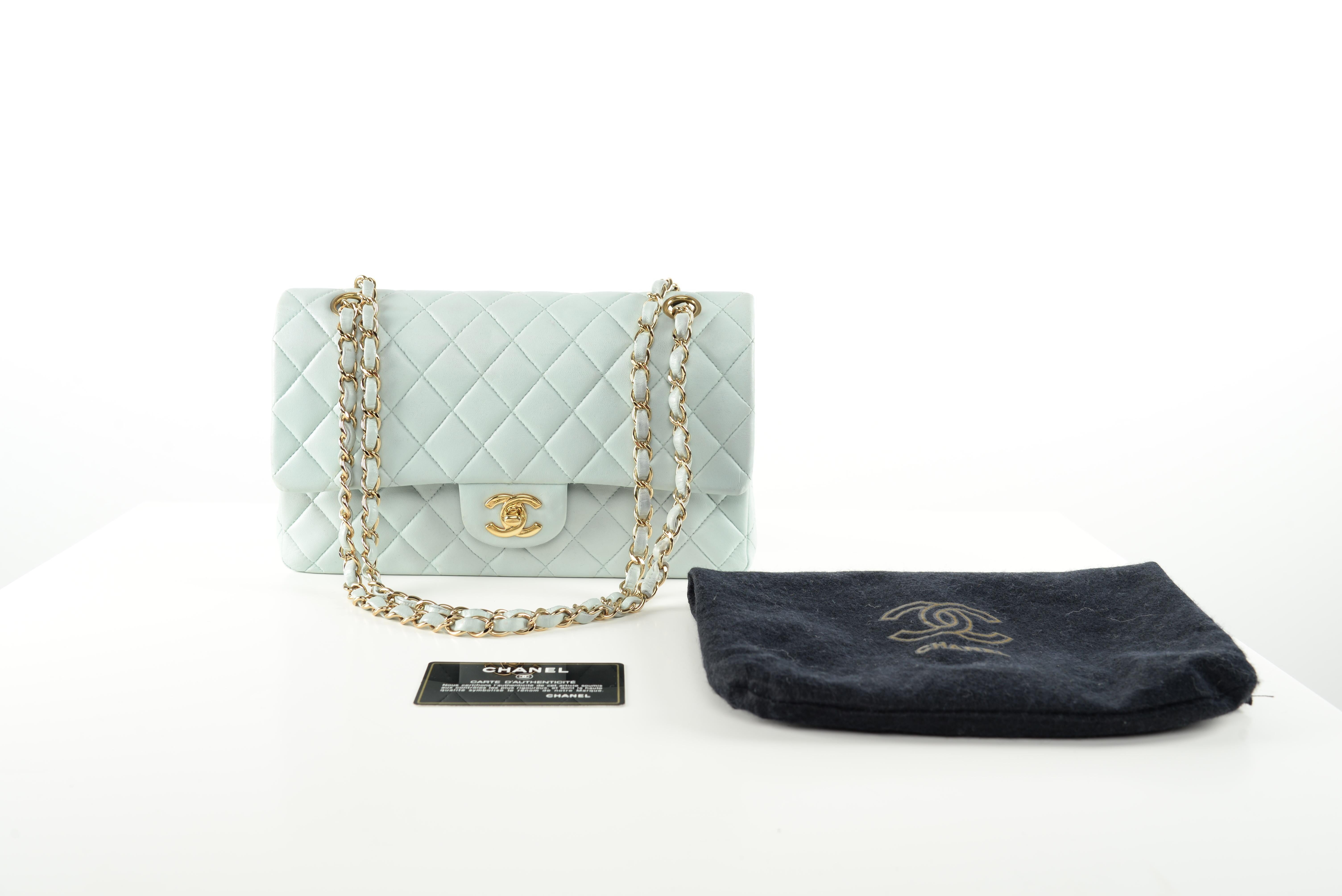 From the collection of SAVINETI we offer this Chanel Classic Flap Baby Blue:
-	Brand: Chanel
-	Model: Classic Flap Medium Baby Blue
-	Year: 2002-2003
-	Code: 7394630
-	Condition: Good Vintage Condition (normal signs of use, slightly