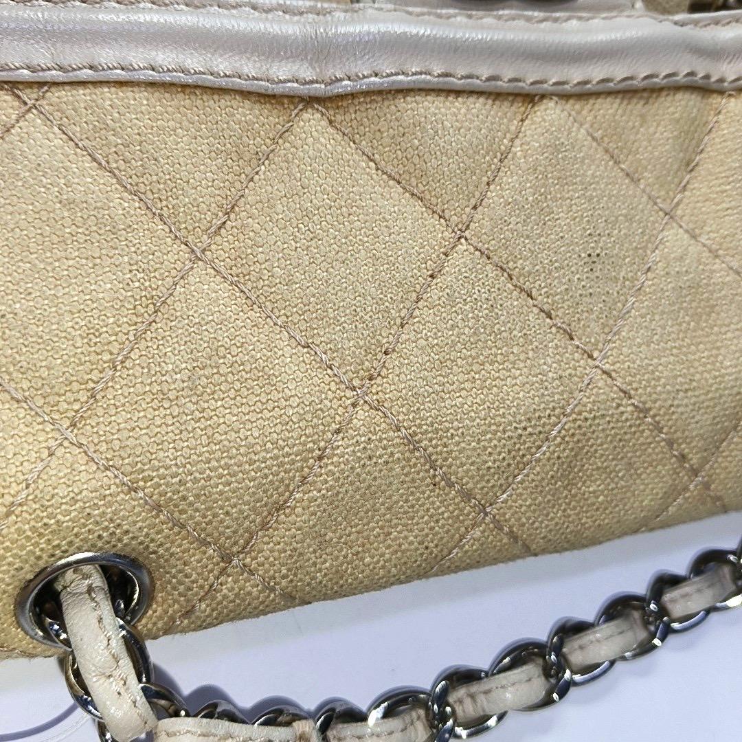 Chanel Classic Flap Medium Beige Canvas Leather Silver Hardware 2006-2008 For Sale 5