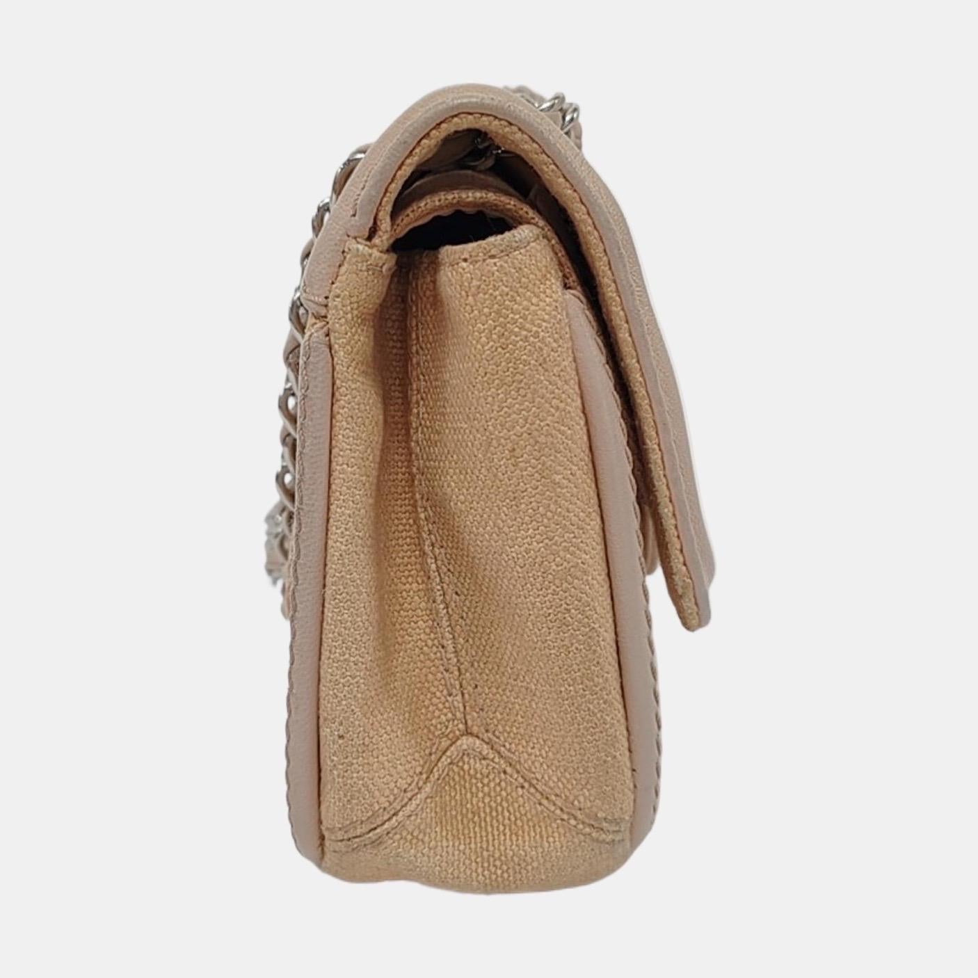Brown Chanel Classic Flap Medium Beige Canvas Leather Silver Hardware 2006-2008 For Sale