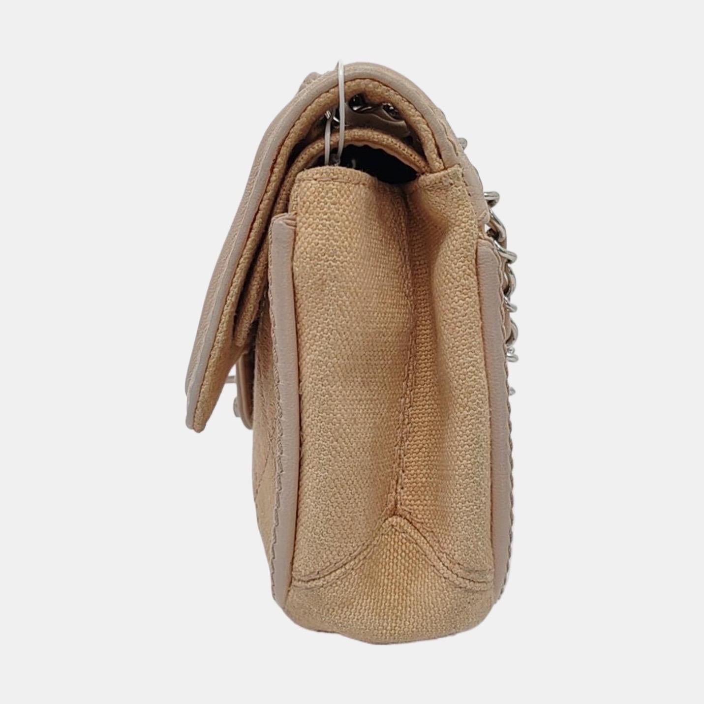 Chanel Classic Flap Medium Beige Canvas Leather Silver Hardware 2006-2008 In Good Condition For Sale In AUBERVILLIERS, FR