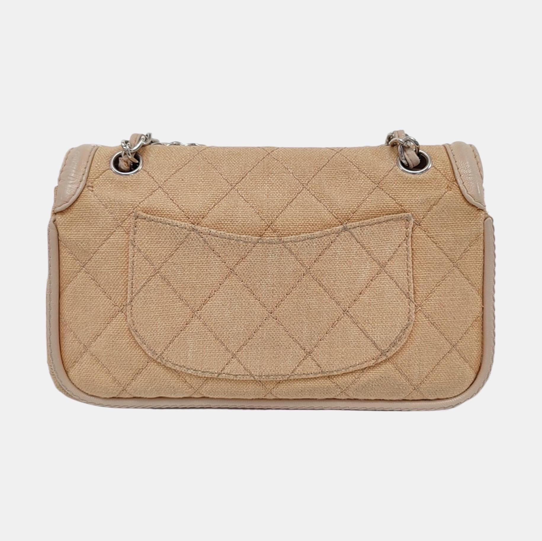 Women's Chanel Classic Flap Medium Beige Canvas Leather Silver Hardware 2006-2008 For Sale