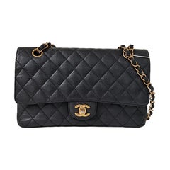 Chanel Classic Flap Medium Black Caviar Leather Double Flap Gold Hardware