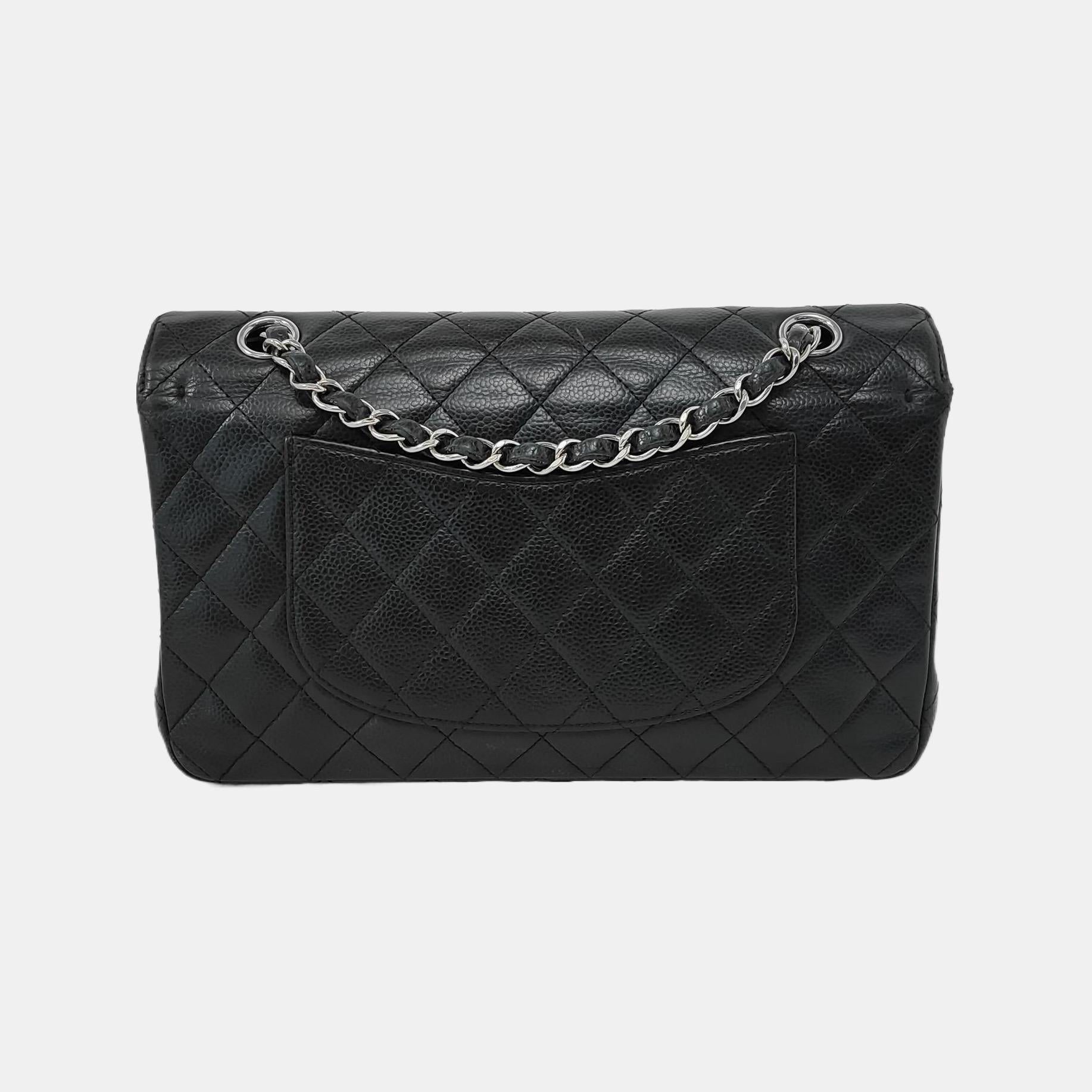 Chanel Classic Flap Medium Schwarzes Kaviar Leder Silberne Hardware Damen im Angebot