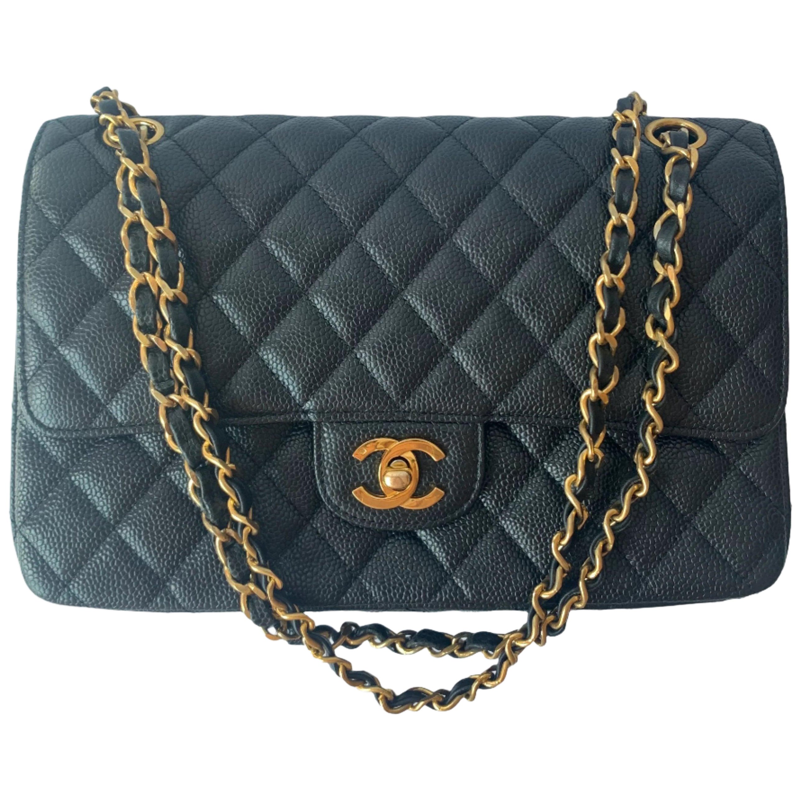 Chanel Classic Flap Medium Black Caviar Leather with 24k Gold Hardware, Pre-2010