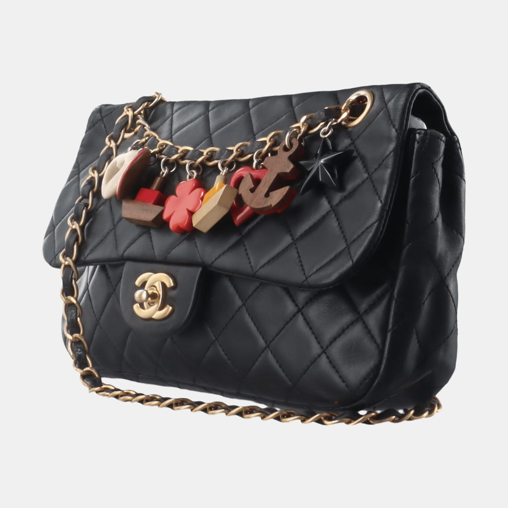 Chanel Classic Flap Medium Black Lambskin Leather Valentine Marine Charms 1
