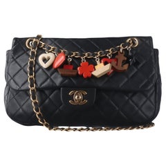 Chanel Classic Flap Medium Black Lambskin Leather Valentine Marine Charms