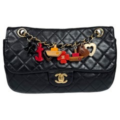 Vintage Chanel Classic Flap Medium Black Lambskin Leather Valentine Marine Charms