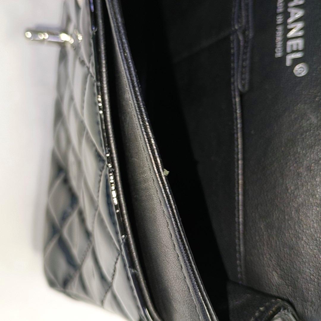 Chanel Classic Flap Medium Black Patent Leather Silver HW For Sale 10