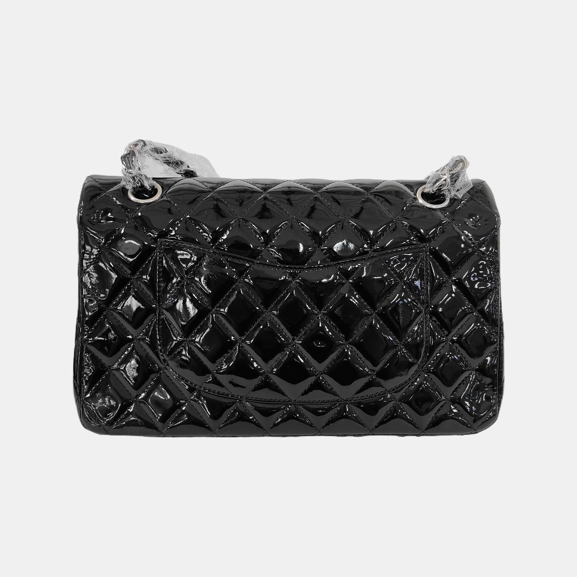 Women's Chanel Classic Flap Medium Black Patent Leather Silver HW For Sale