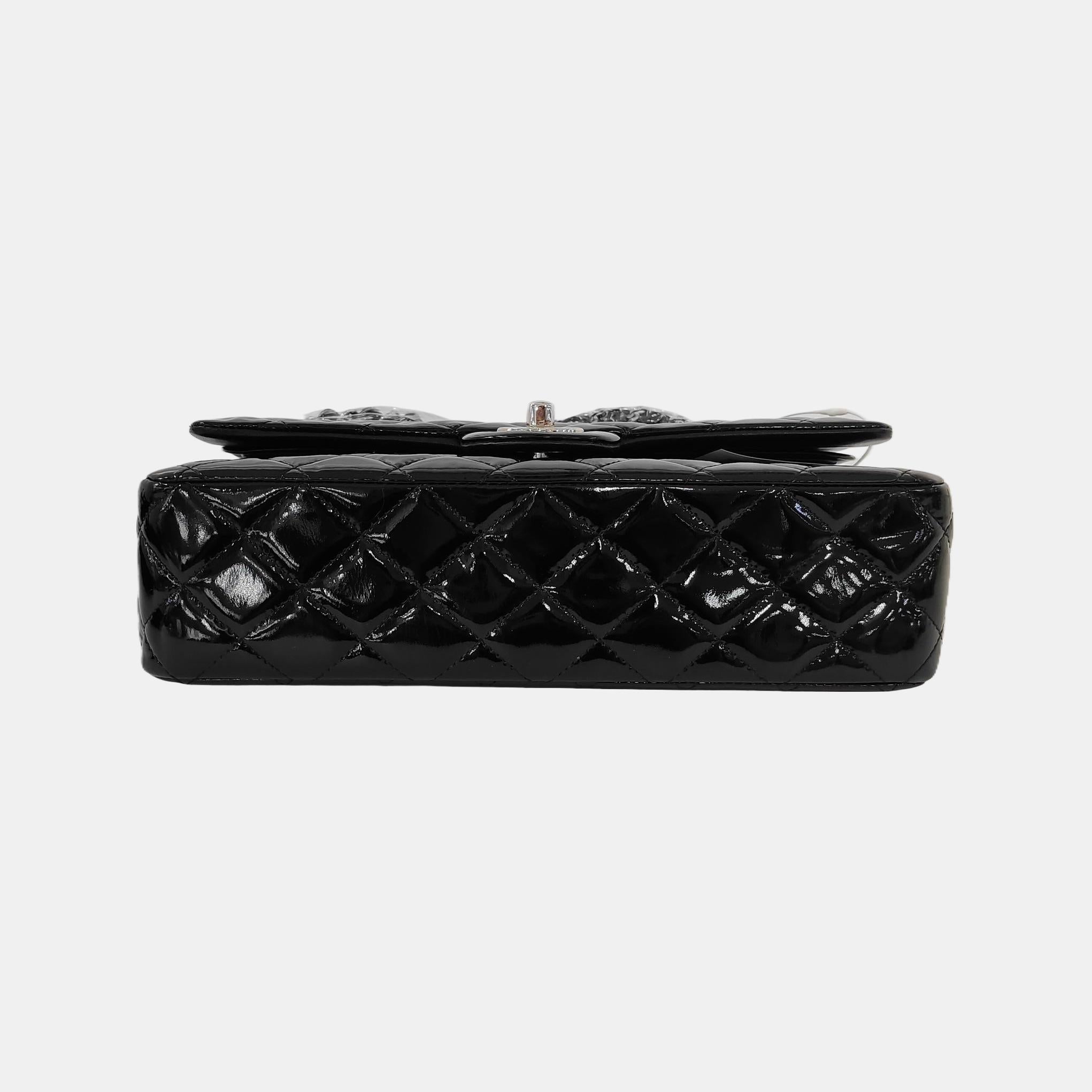 Chanel Classic Flap Medium Black Patent Leather Silver HW For Sale 1