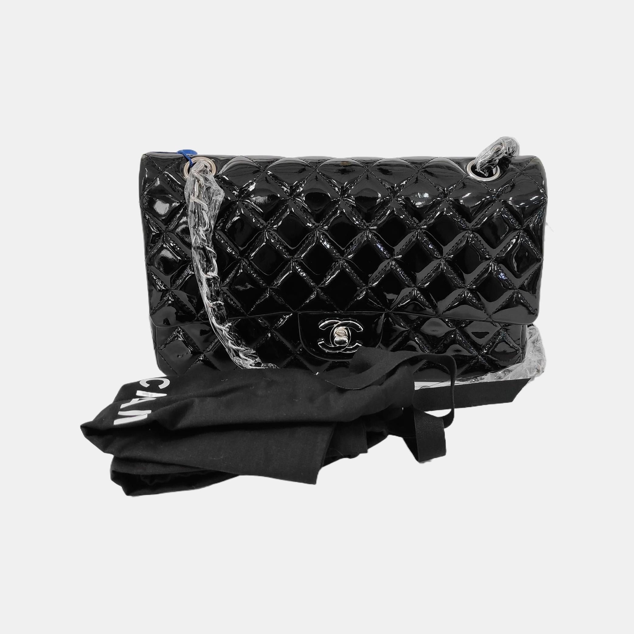 Chanel Classic Flap Medium Black Patent Leather Silver HW For Sale 3