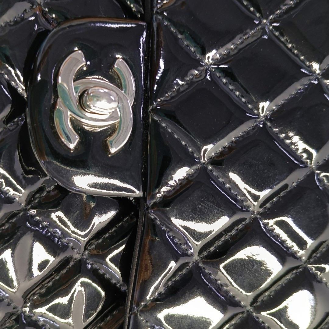Chanel Classic Flap Medium Black Patent Leather Silver HW For Sale 4