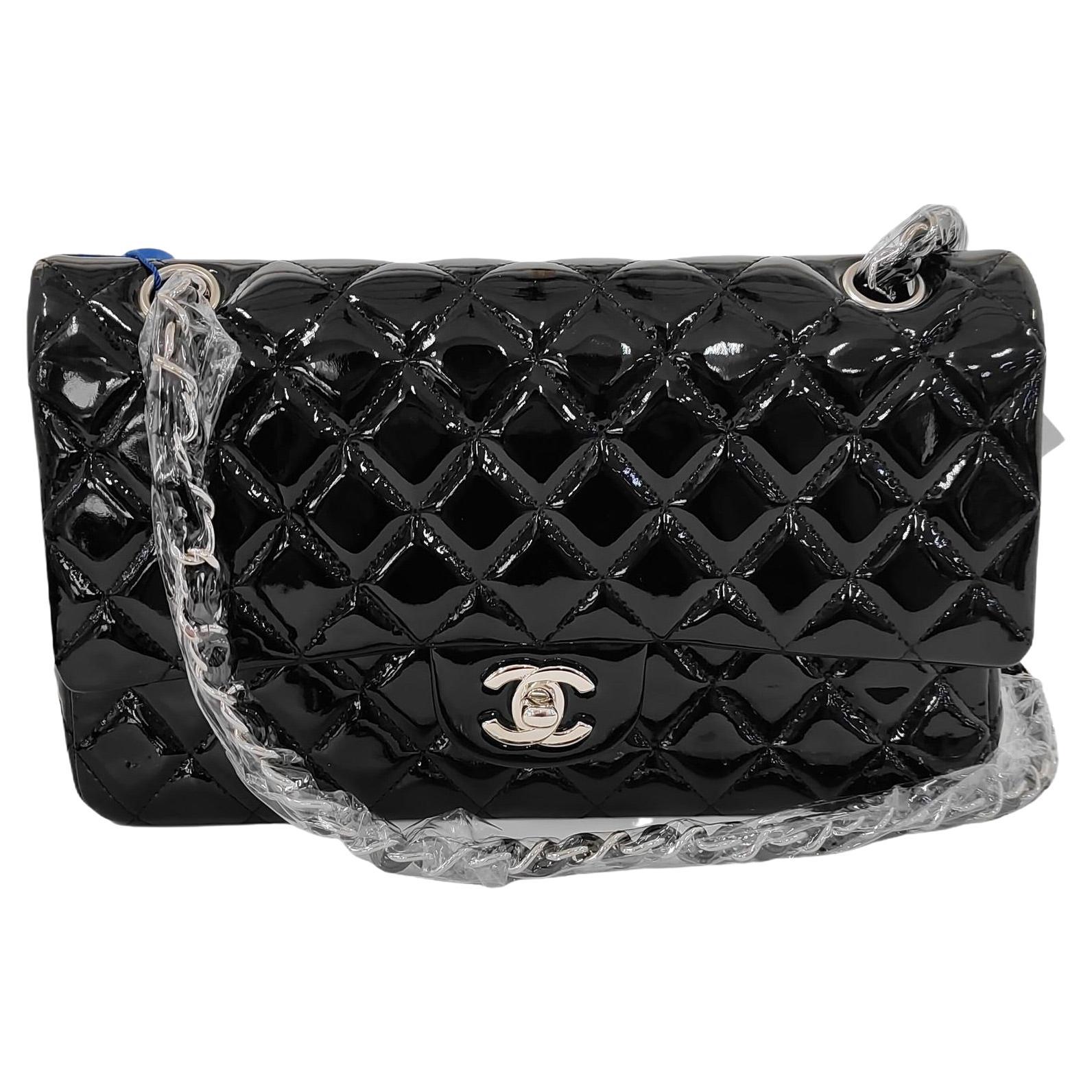 Chanel Classic Flap Medium Black Patent Leather Silver HW For Sale