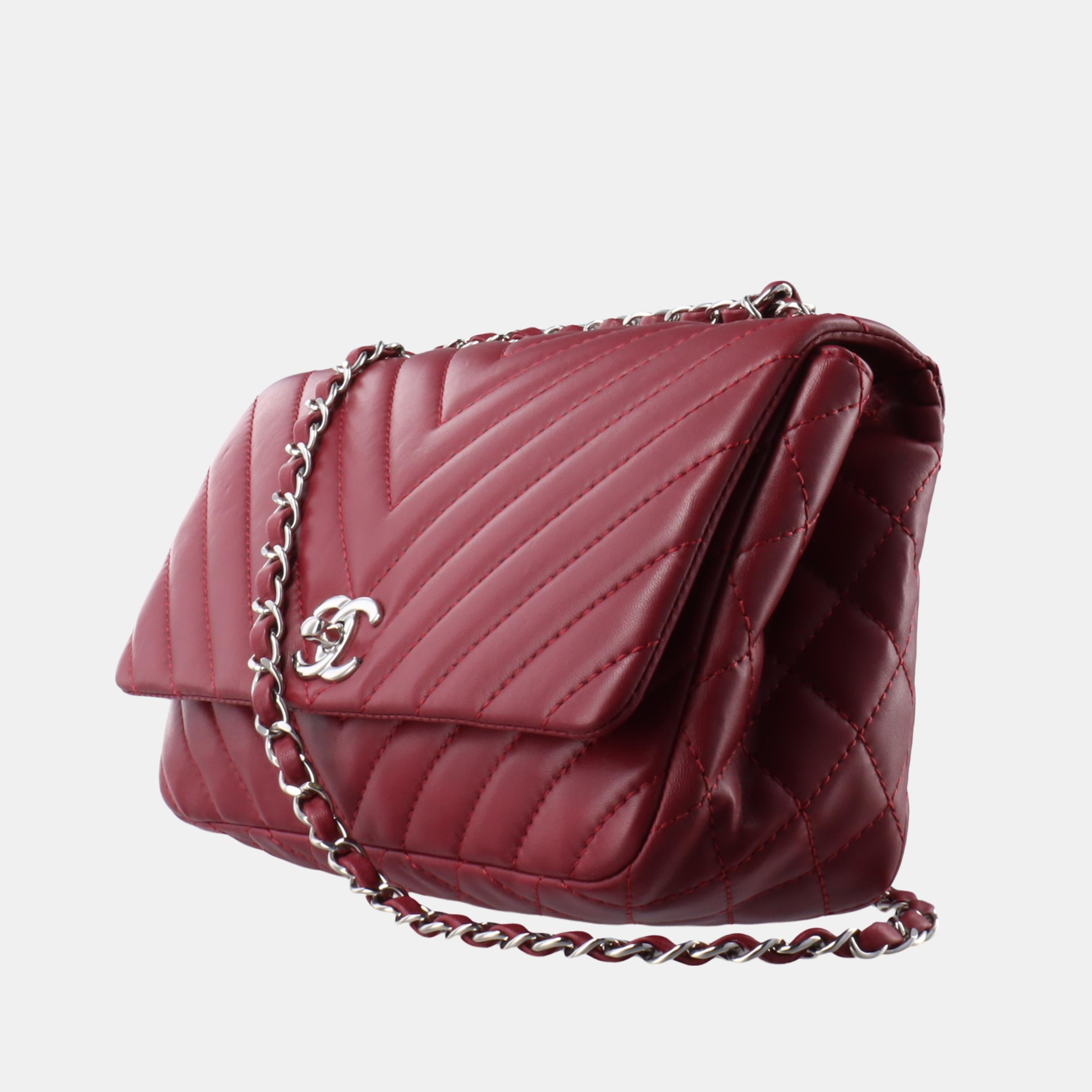 Brown Chanel Classic Flap Medium Chevron Burgundy Quilted Lambskin Leather, 2012
