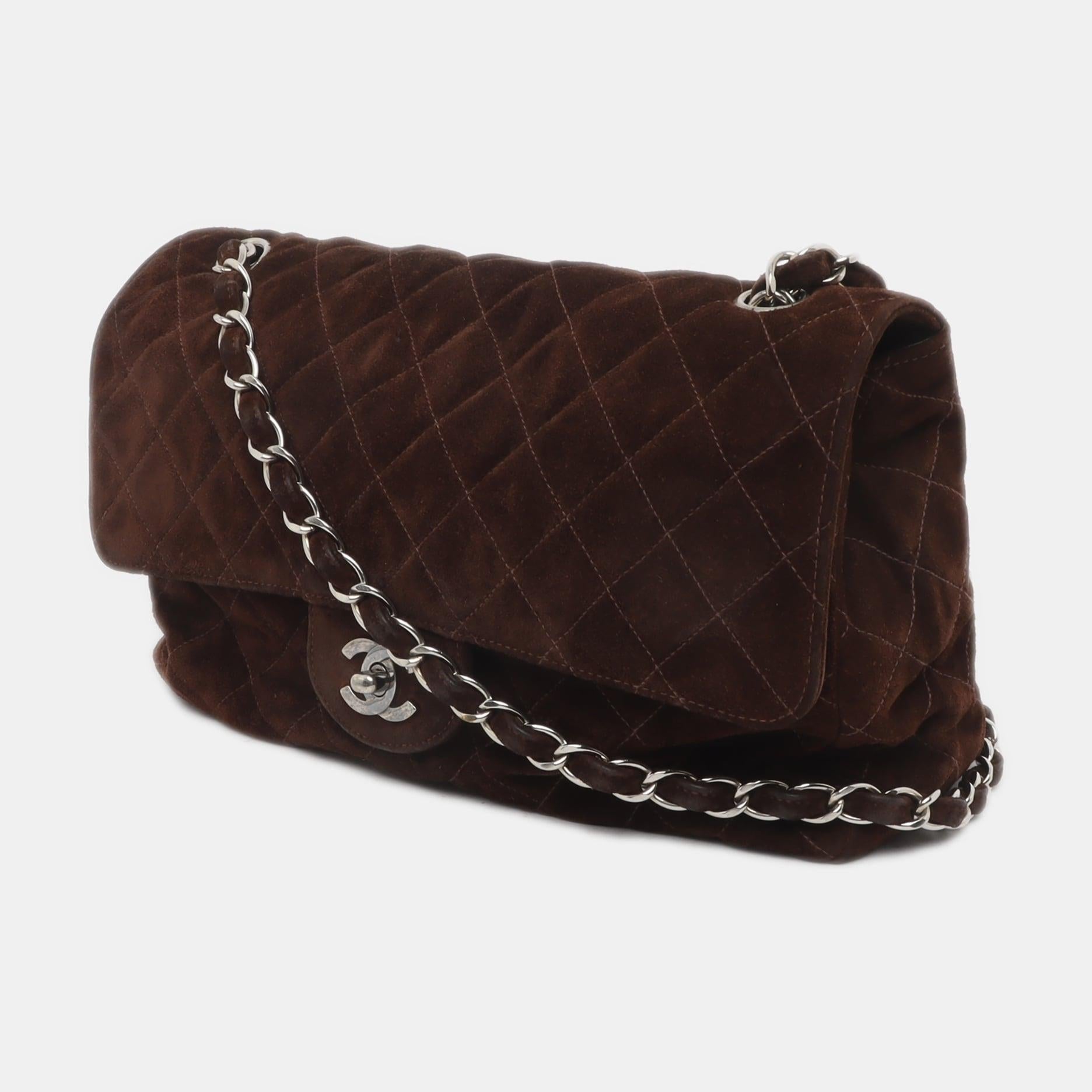 Black Chanel Classic Flap Medium Dark Chocolate Brown Suede Leather Silver HW, 1996-97