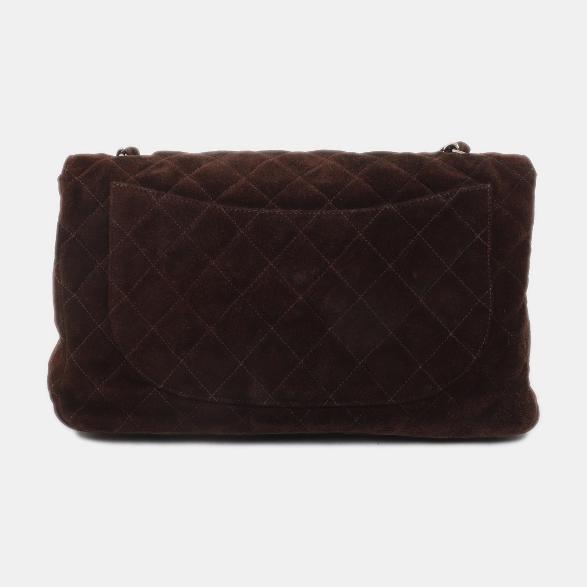 Chanel Classic Flap Medium Dark Chocolate Brown Suede Leather Silver HW, 1996-97 In Fair Condition In AUBERVILLIERS, FR