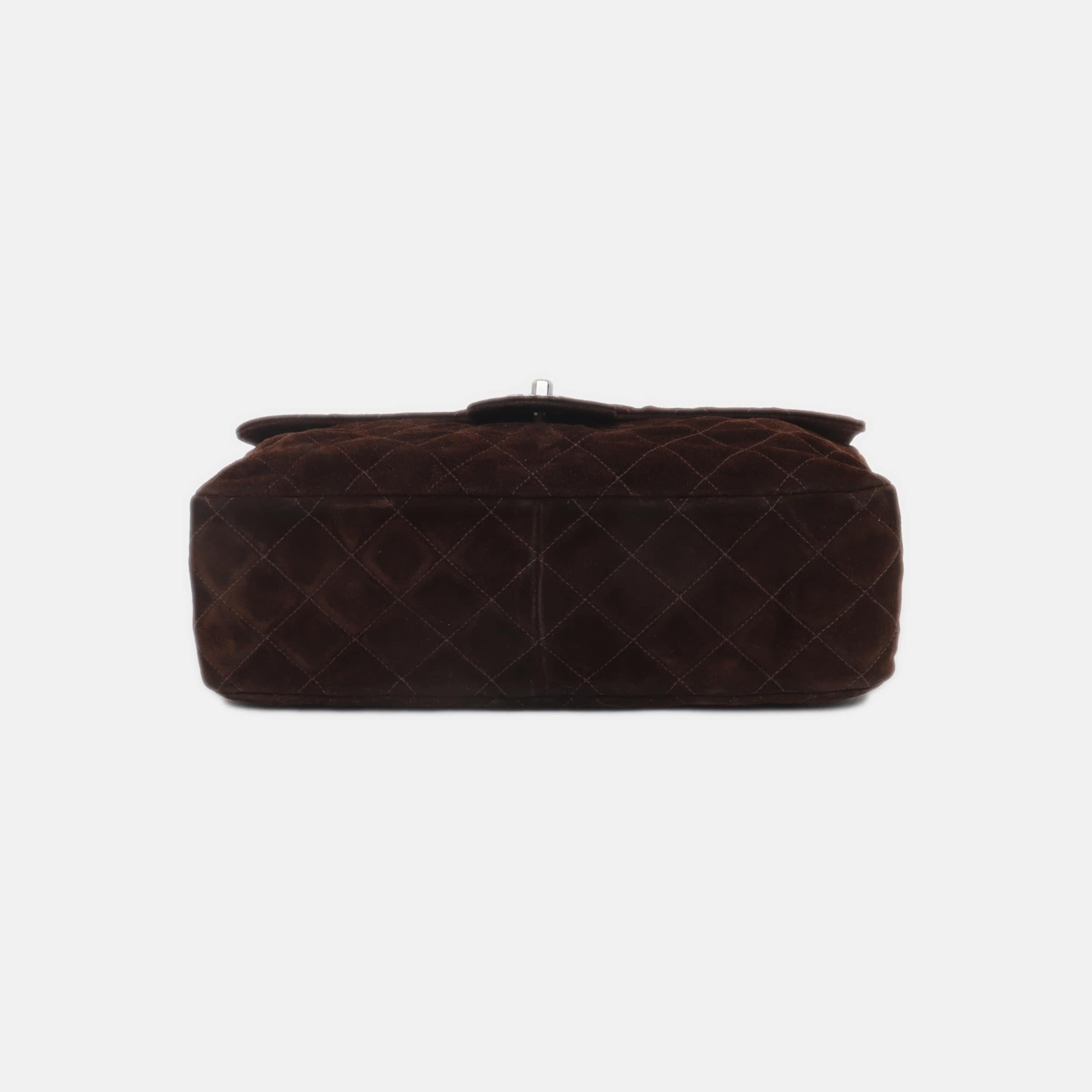 Women's Chanel Classic Flap Medium Dark Chocolate Brown Suede Leather Silver HW, 1996-97