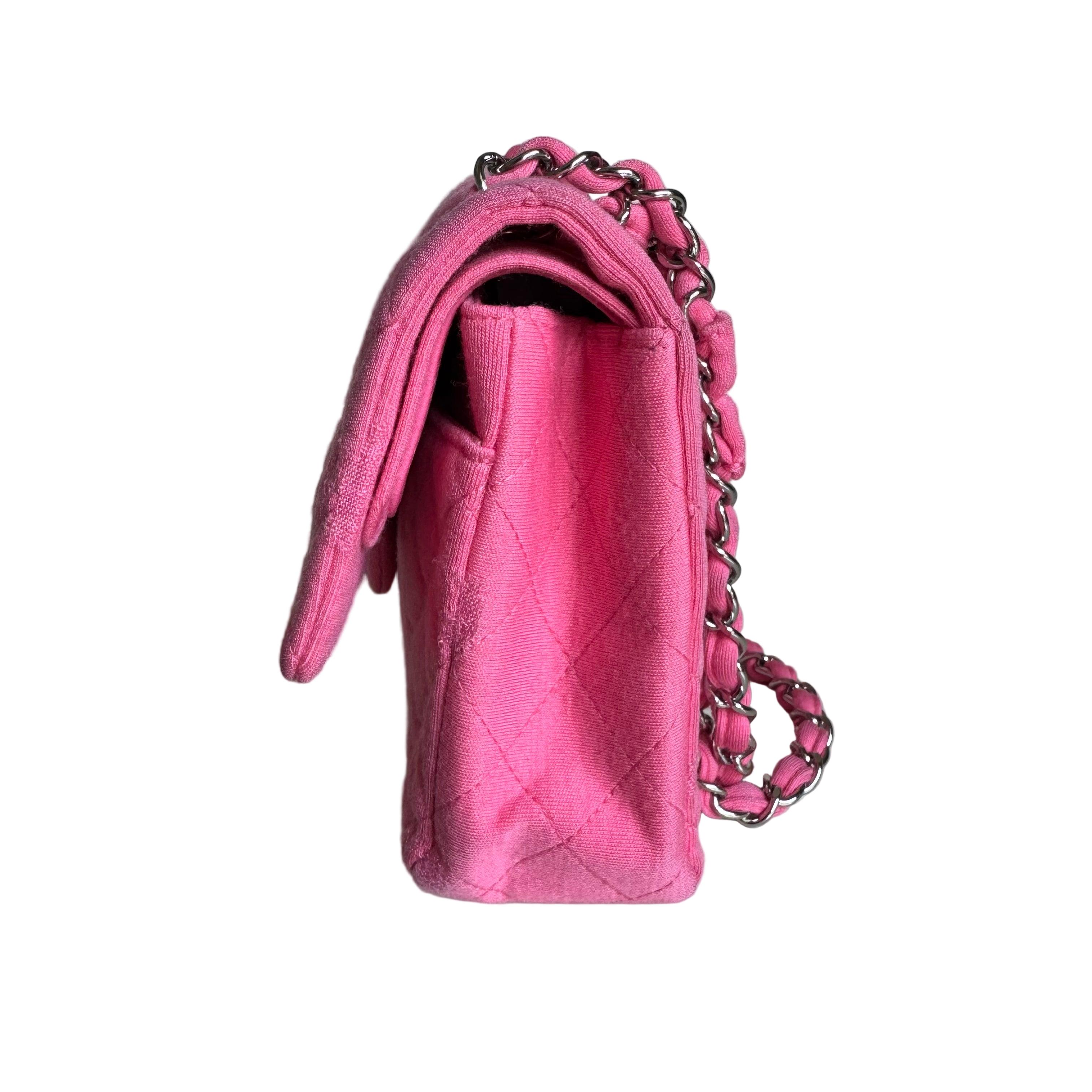Rose Chanel Classic Flap Medium Double Flap Pink Jersey Silver Hardware 2014 en vente