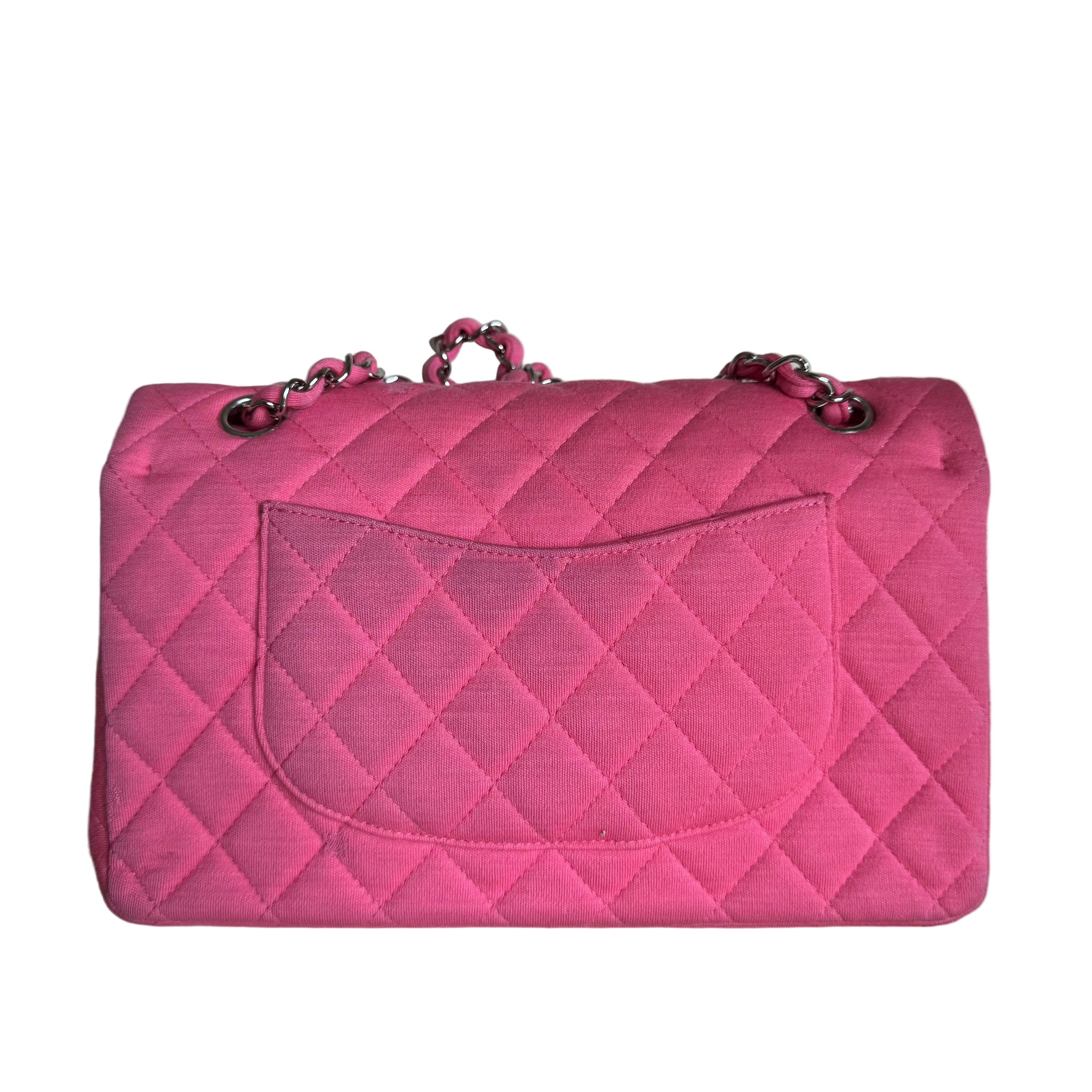 Chanel Classic Flap Medium Double Flap Pink Jersey Silver Hardware 2014 Bon état - En vente à AUBERVILLIERS, FR