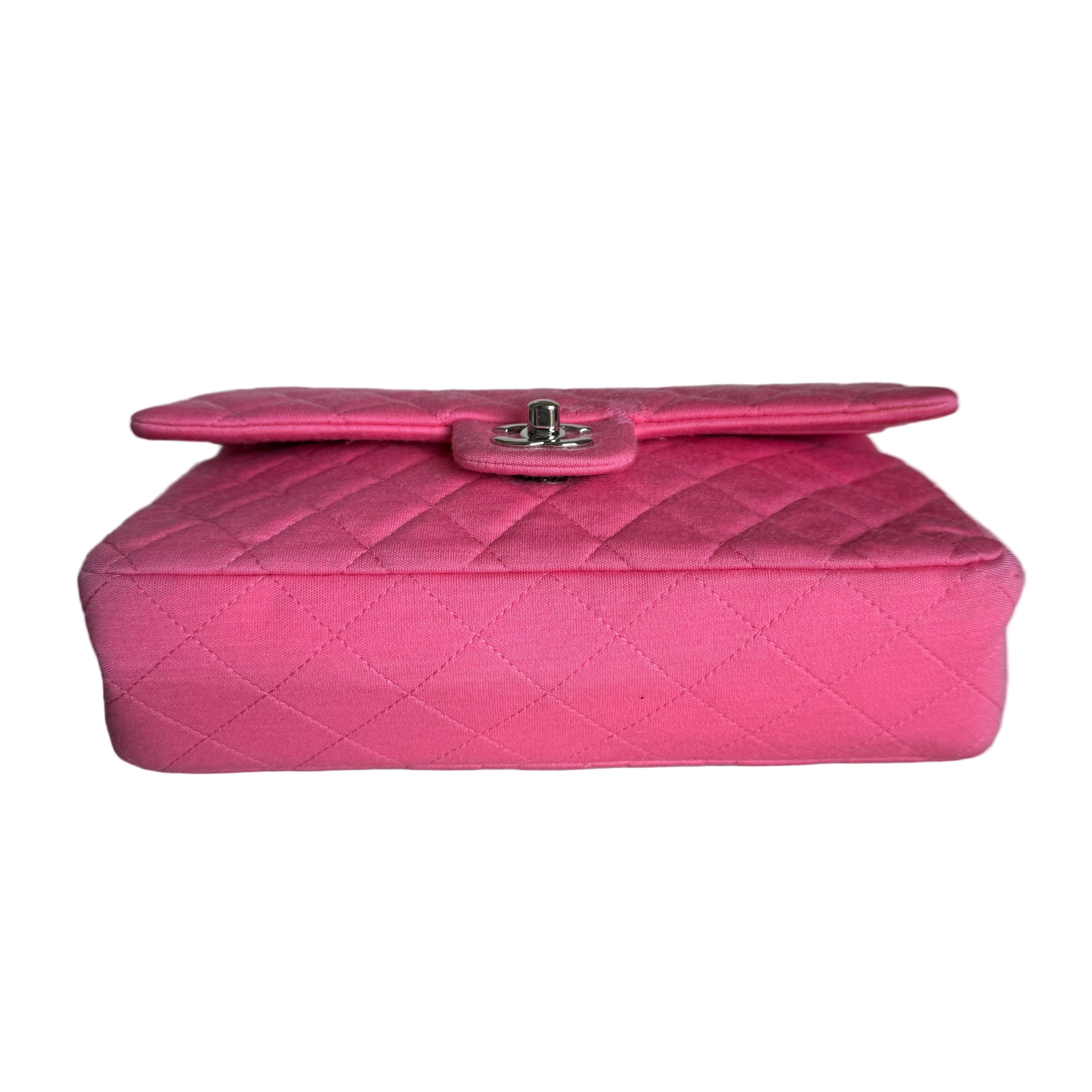 Chanel Classic Flap Medium Double Flap Pink Jersey Silver Hardware 2014 Pour femmes en vente