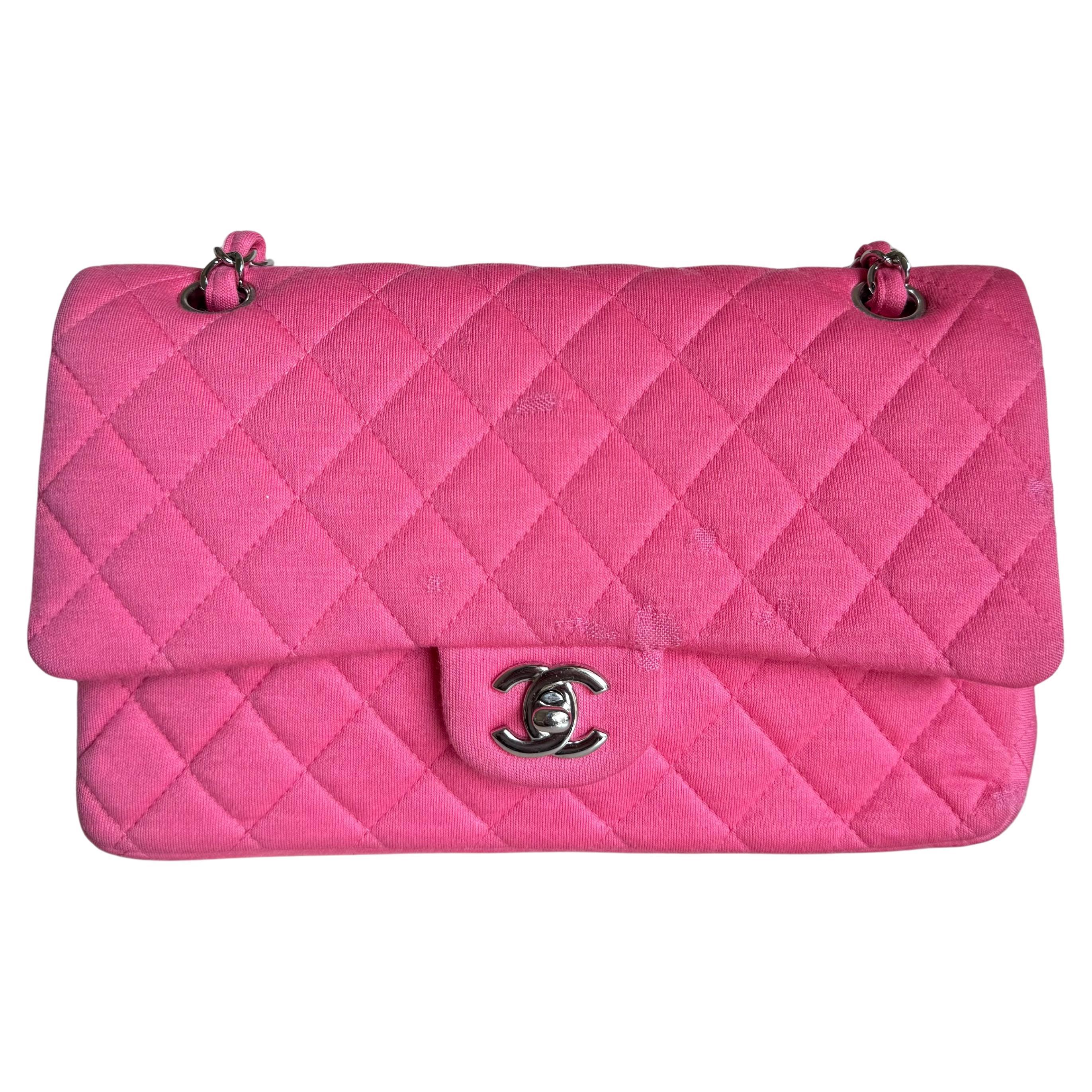 Chanel Classic Flap Medium Double Flap Pink Jersey Silver Hardware 2014 en vente
