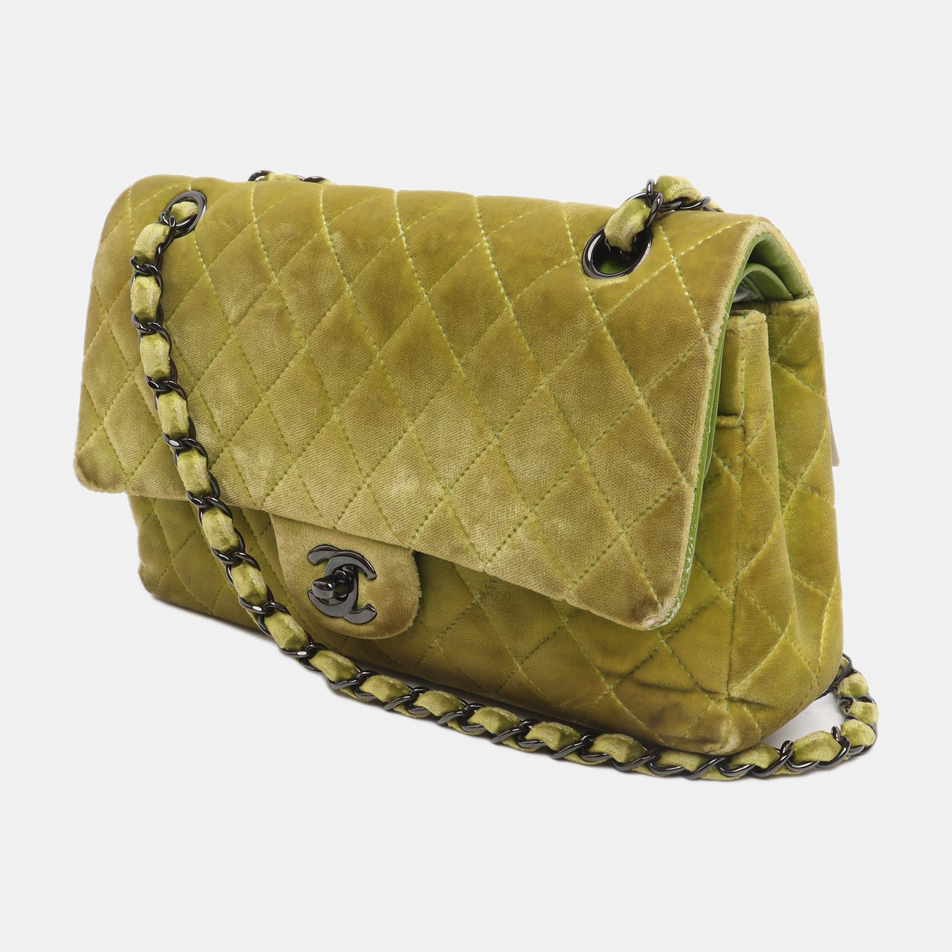 Brown Chanel Classic Flap Medium Green Velvet Black Hardware, 2014-2015