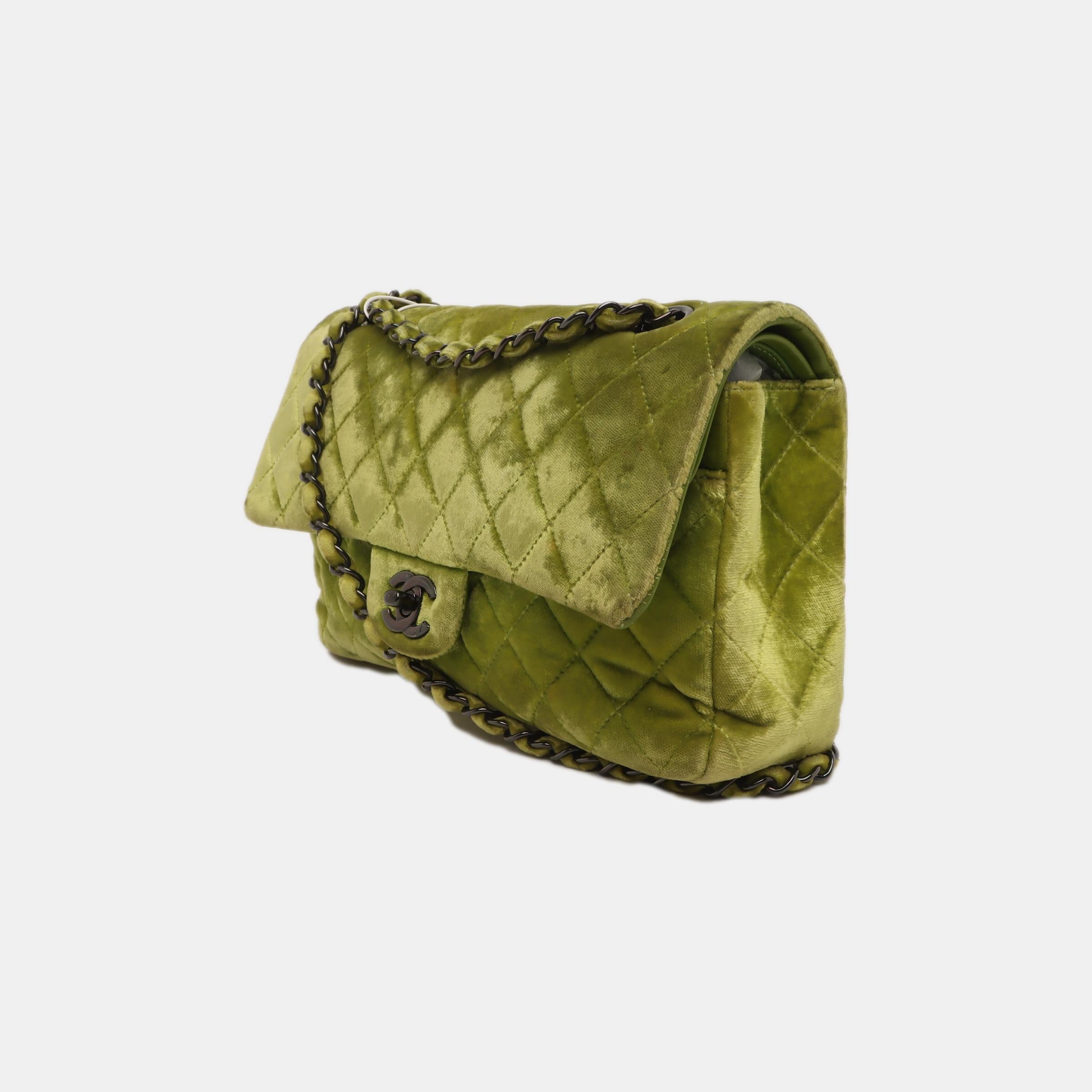 Women's Chanel Classic Flap Medium Green Velvet Black Hardware, 2014-2015