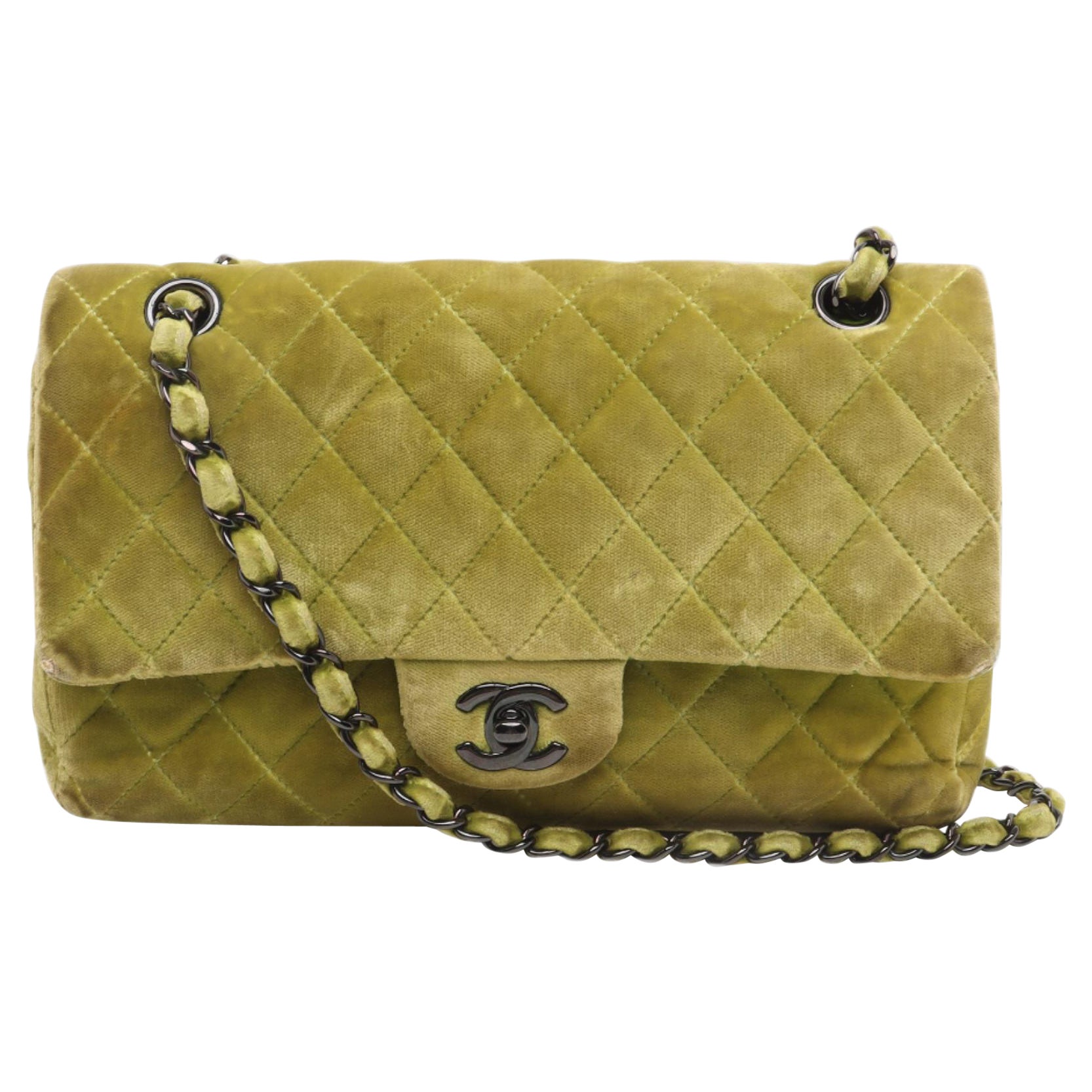 Chanel Classic Flap Medium Green Velvet Black Hardware, 2014-2015