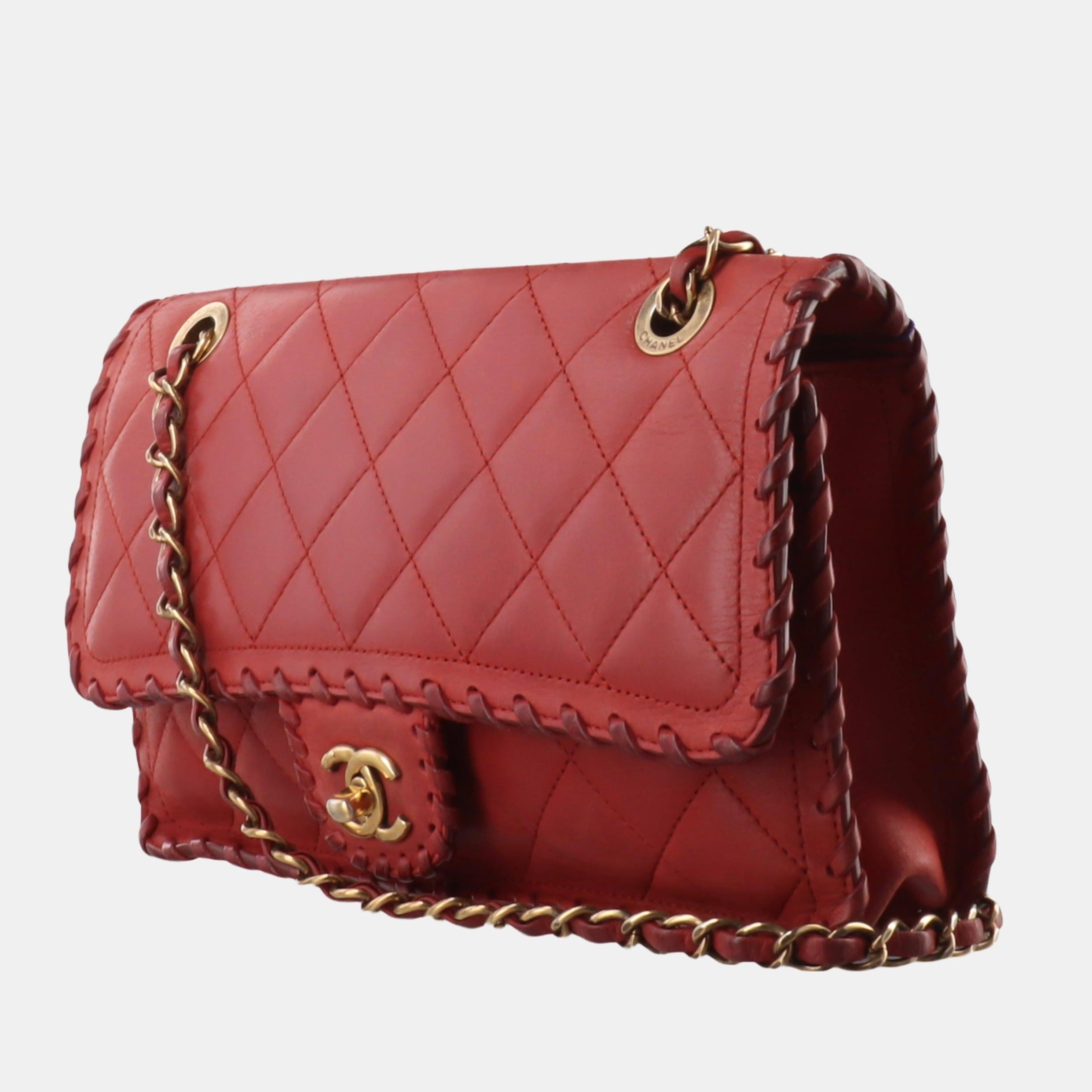 Marron Chanel Classic Flap Medium Happy Stitch Red Fabric Gold Hardware, 2015-2016 en vente