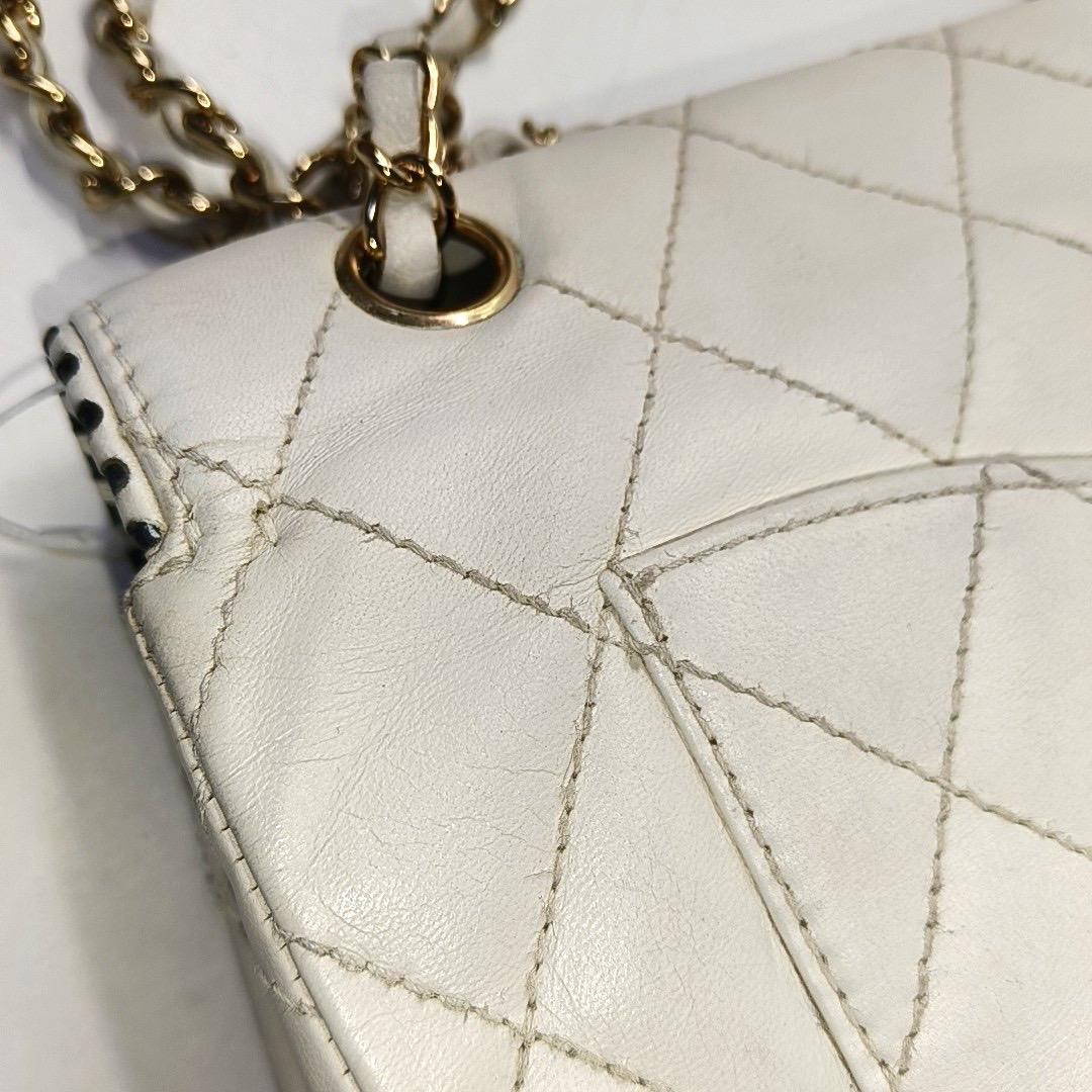 Chanel Classic Flap Medium Happy Stitch White Leather with Contrast Black Trim 5