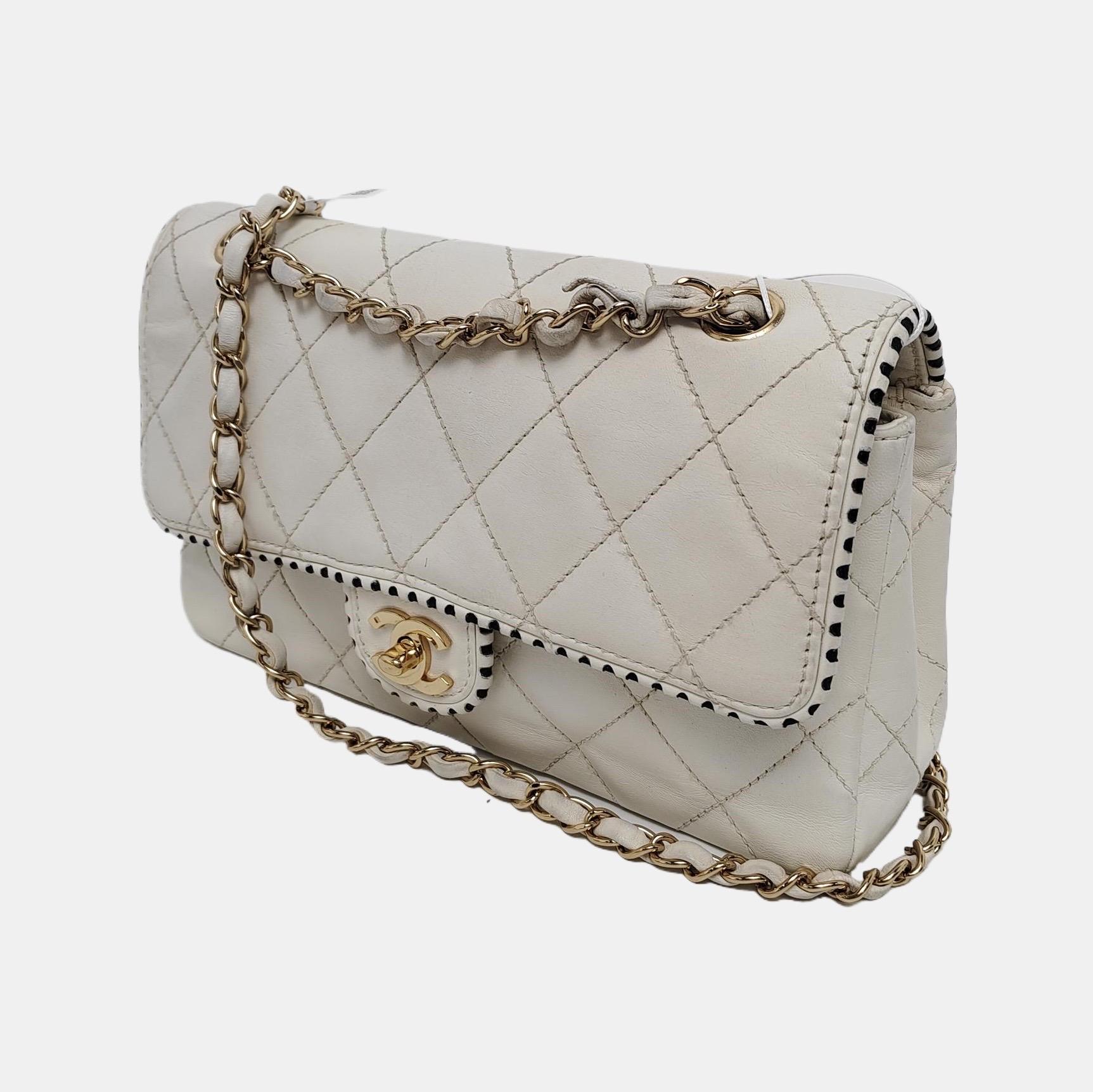 Gray Chanel Classic Flap Medium Happy Stitch White Leather with Contrast Black Trim