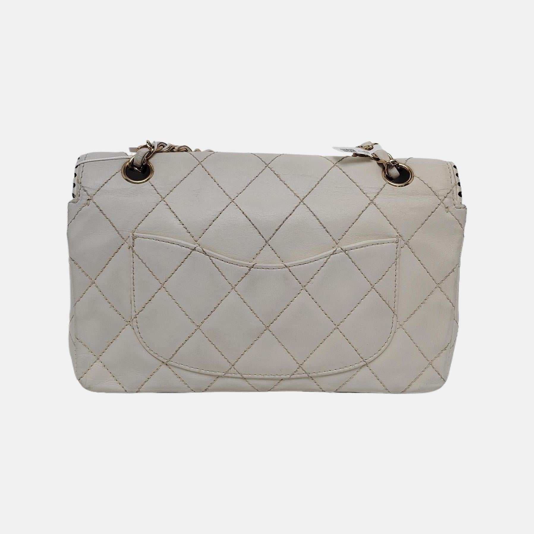Women's Chanel Classic Flap Medium Happy Stitch White Leather with Contrast Black Trim