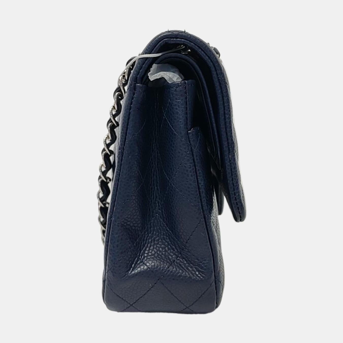 Black Chanel Classic Flap Medium Navy Caviar leather Silver Hardware For Sale