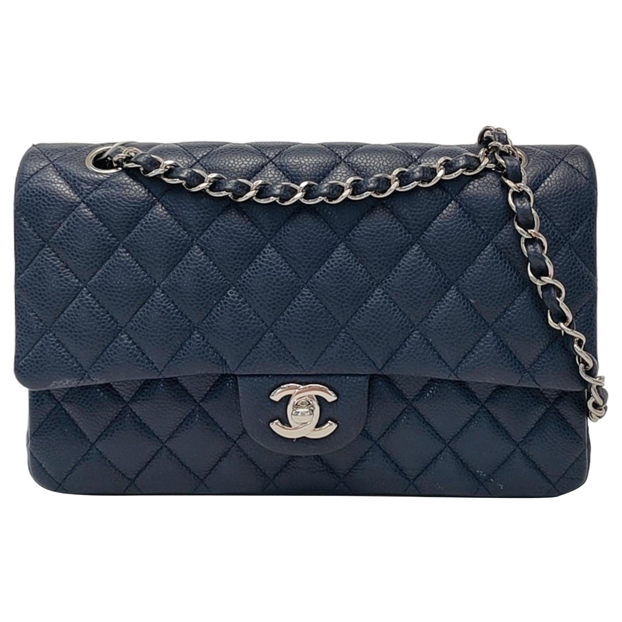 Chanel Classic Flap Medium Navy Caviar leather Silver Hardware