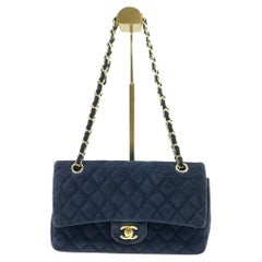 Chanel Classic Flap Medium Navy Velvet Gold Hardware, 2016-2017