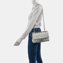 Chanel Classic Flap Medium Silver Lambskin Leather Silver Hardware
