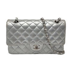 Chanel Classic Flap Medium Silver Lambskin Leather Silver Hardware