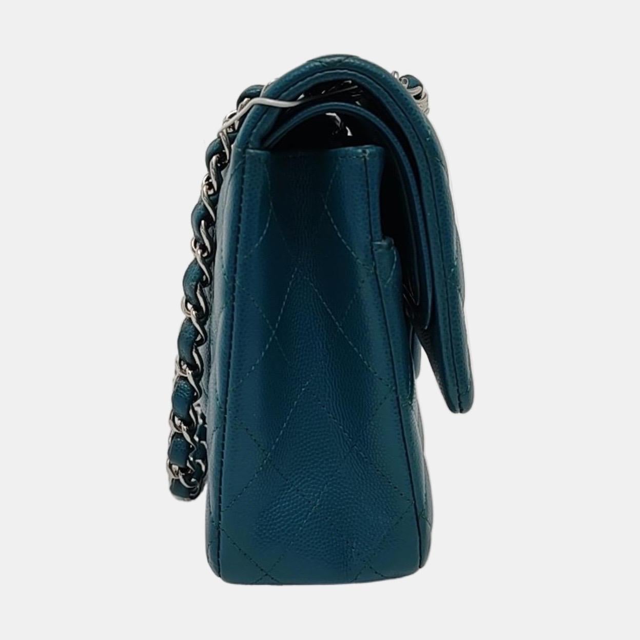Bleu Chanel Classic Flap Medium Teal Green Caviar Leather with Silver Hardware en vente