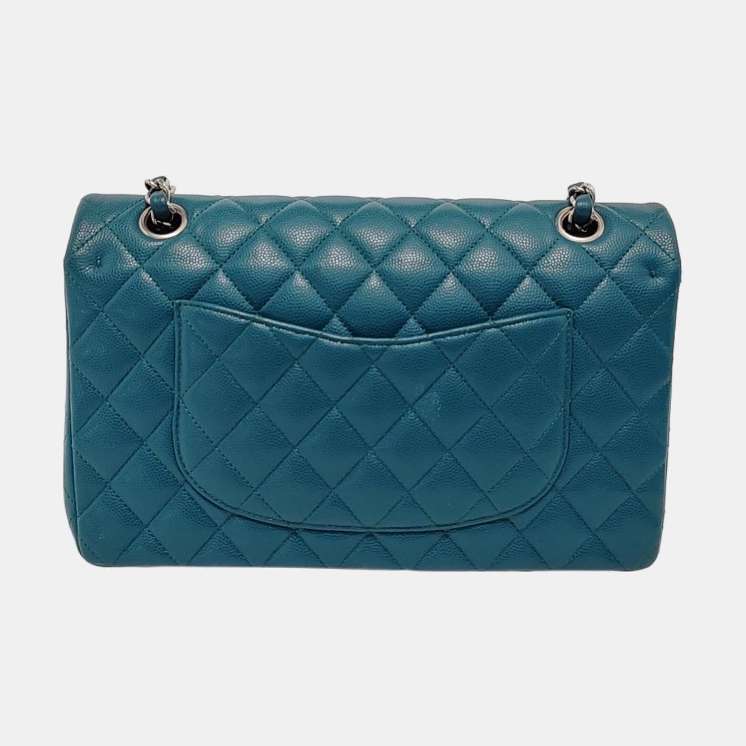 Chanel Classic Flap Medium Teal Green Caviar Leather with Silver Hardware Pour femmes en vente